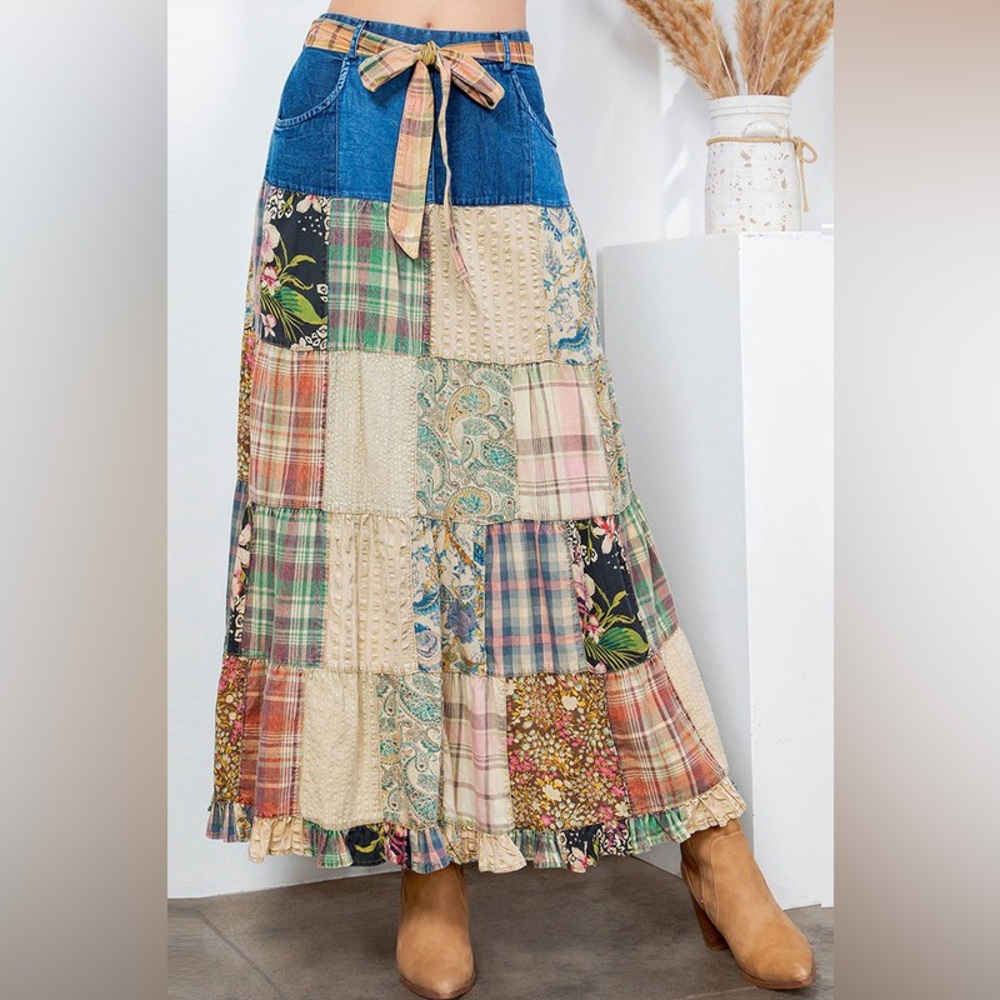 Boho Patchwork Maxi Skirt - Beige Multicolor
